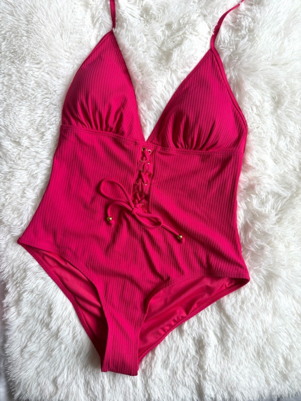 BONGO Hot Pink Ribbed One-Piece Swimsuit with Lace-Up Front
